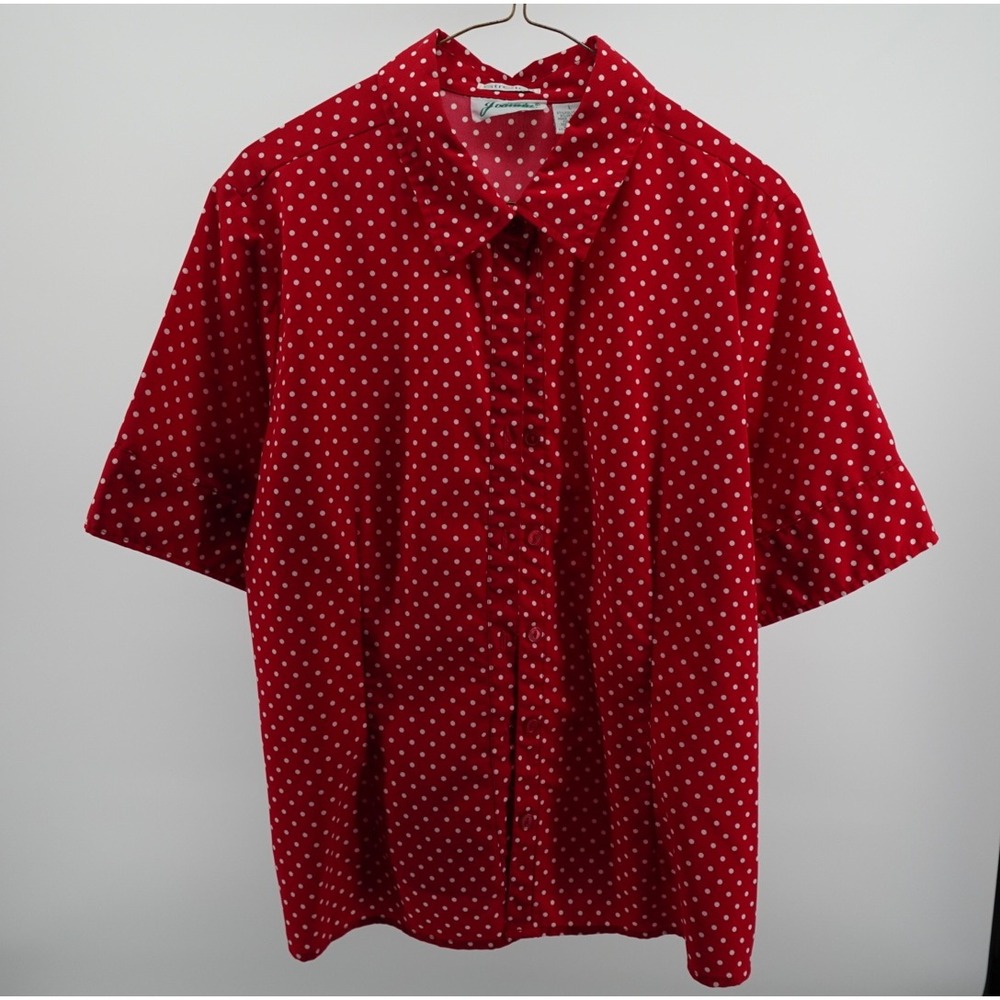 Joanna Red White Polka Dot Short Sleeve Button Up Stretch Blouse Top Size L